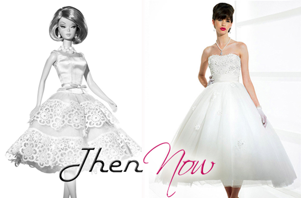 A flaring tea length dress on Barbie before a Moonlight gown after